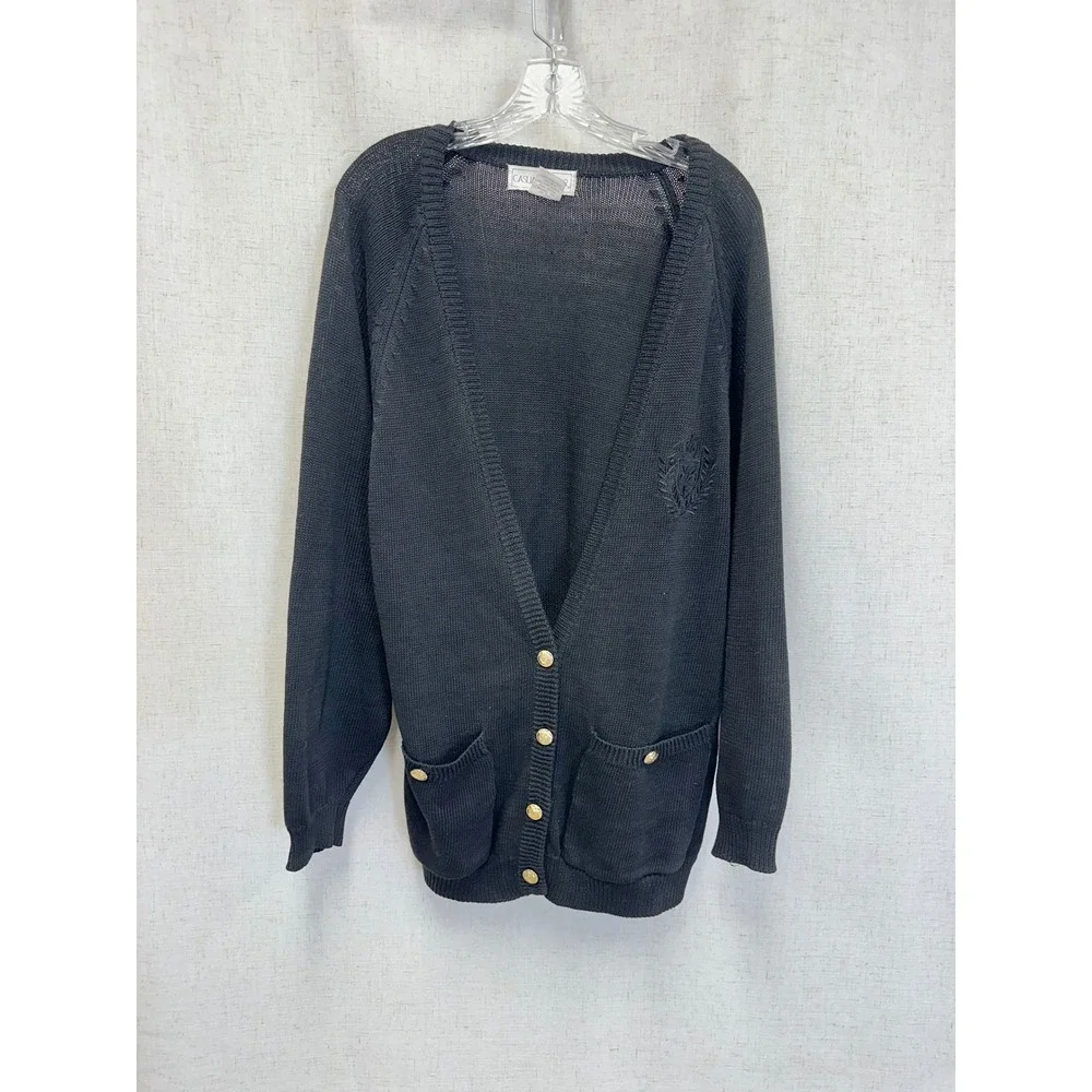 Casual Corner 90s Cotton Ramie Black Knit Oversize Cardigan Medium‎ Gold Button